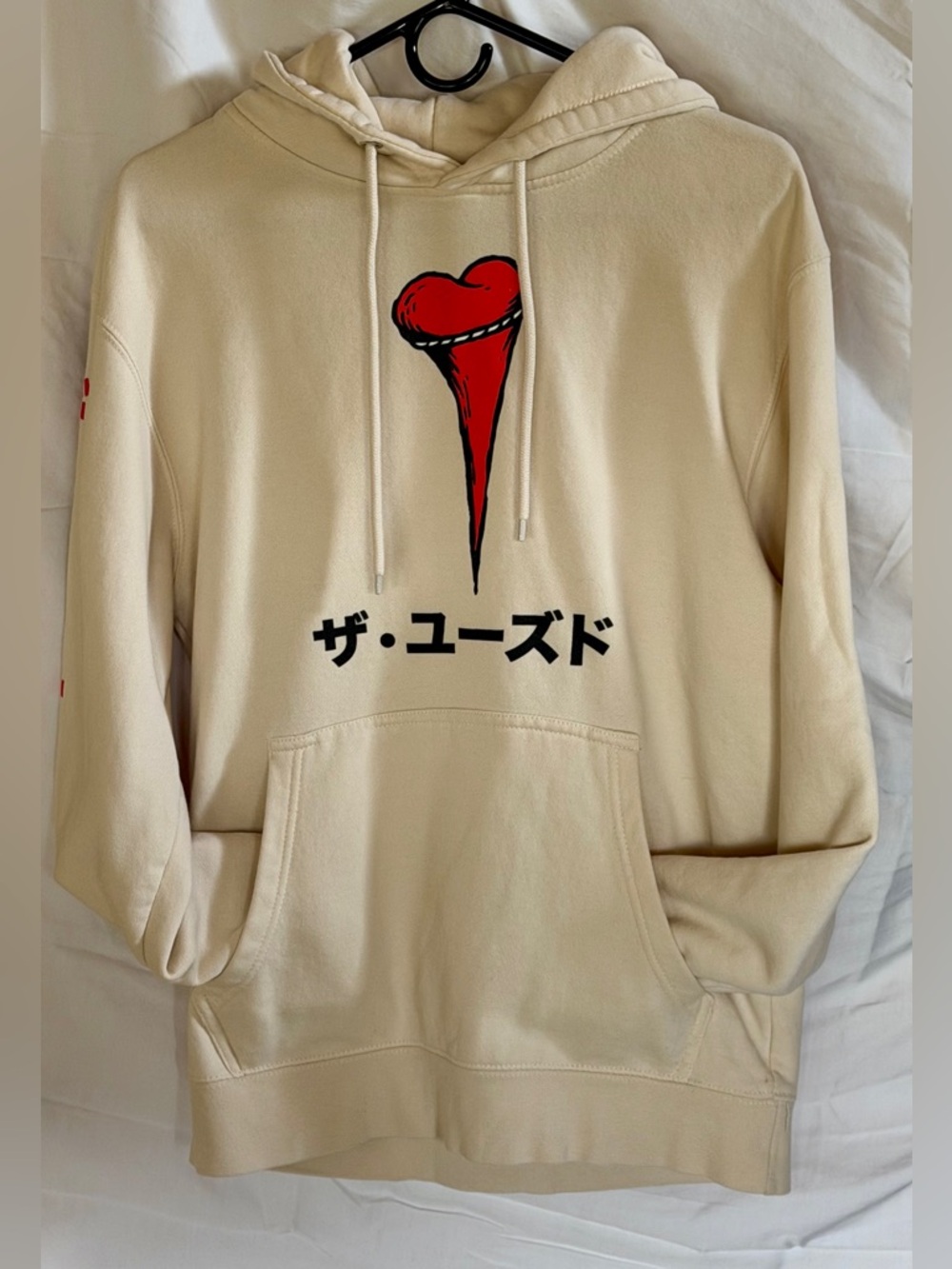 Beige Hoodie with Red Heart Drip Graphic